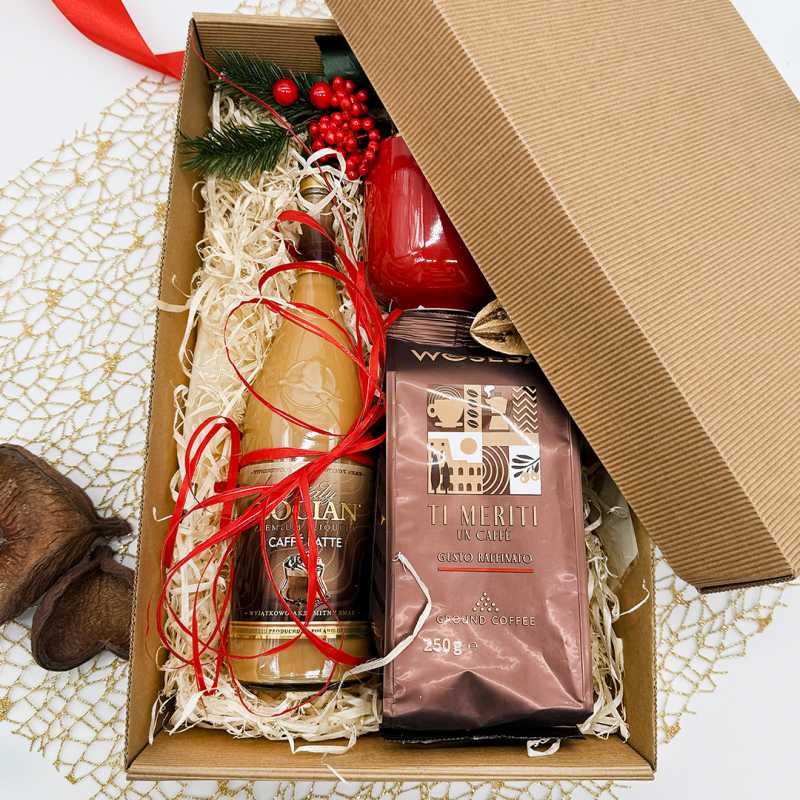 Zestaw prezentowy z kawą, likierem i dekoracyjnym opakowaniem