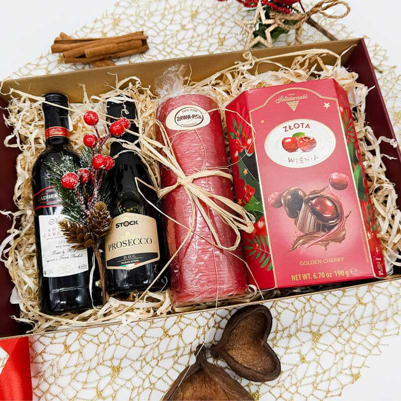 Świąteczny zestaw prezentowy z alkoholem i czekoladkami w czerwonym pudełku