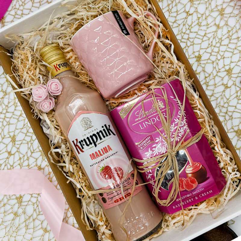 Likier Krupnik Malina i Lindt Raspberry w różowym pudełku prezentowym